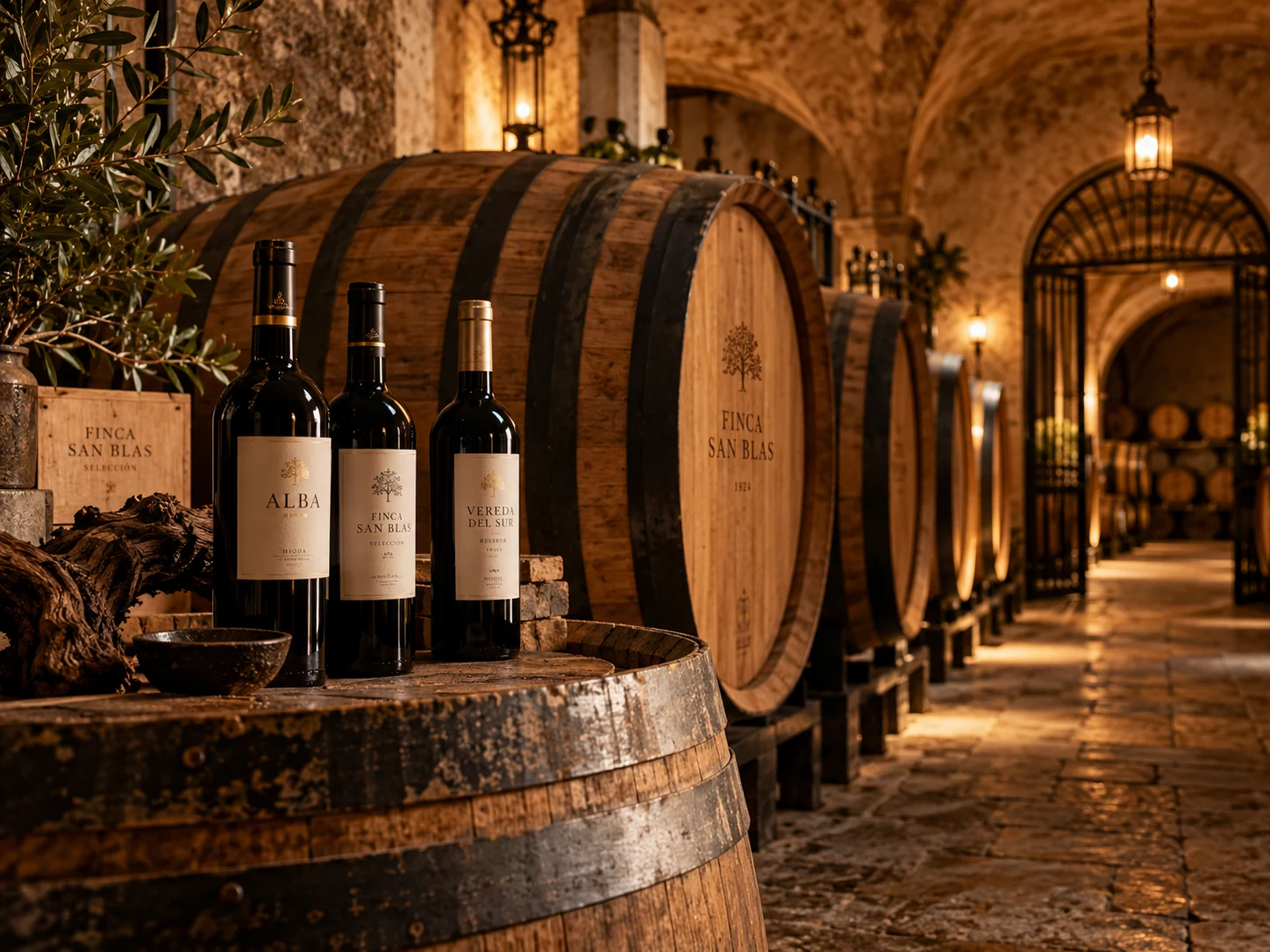 A golden wine cellar with wooden barrels and bottles